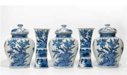 •D1137. Garniture of Five Blue and White Vases and Three Covers