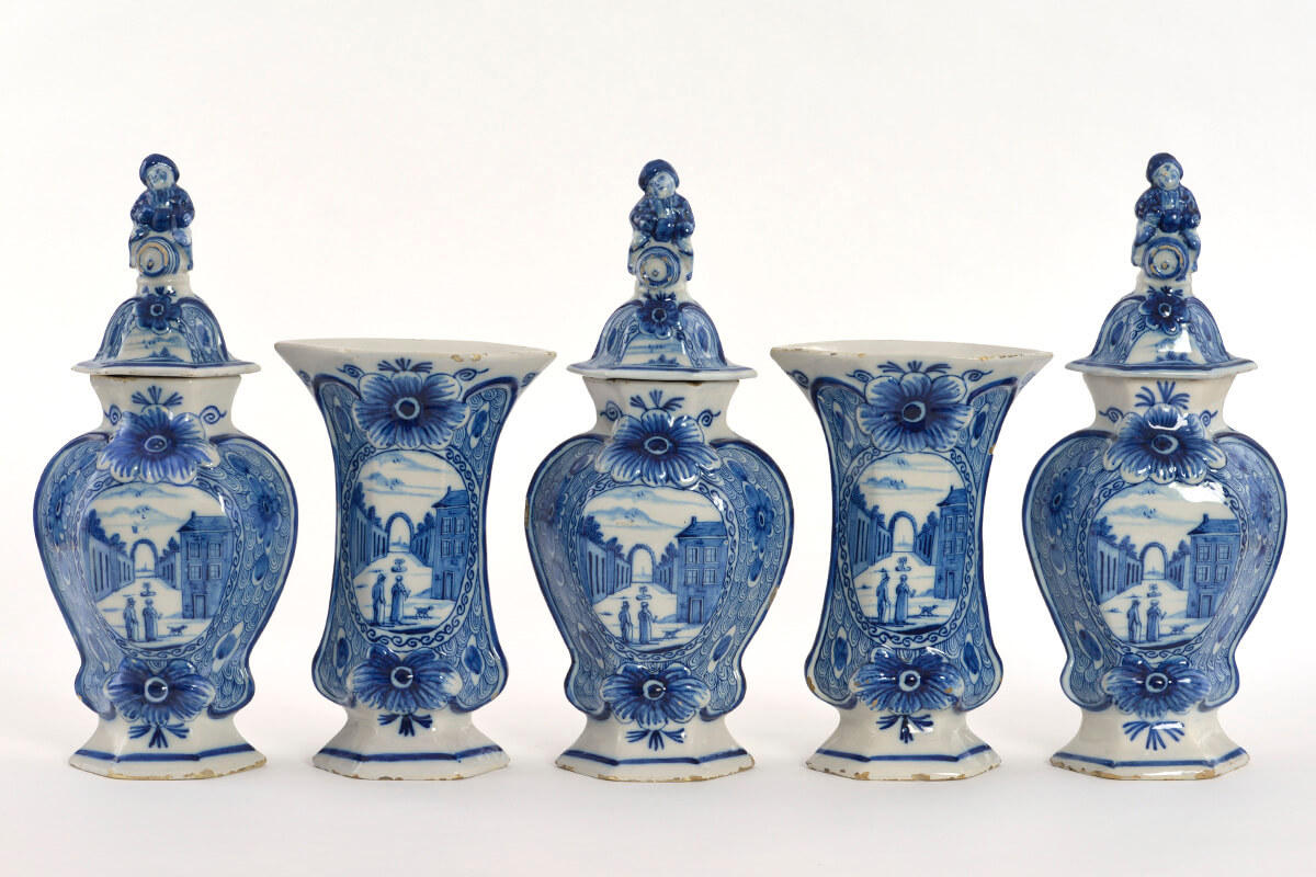 A five piece garnitures of delftware at Aronson Antiquairs