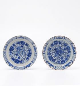 blue and white Delftware plates with dragon