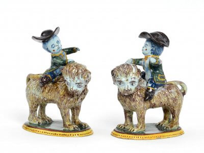 Antique Polychrome Figurine Of Boys Riding Lions At Aronson Antiquairs