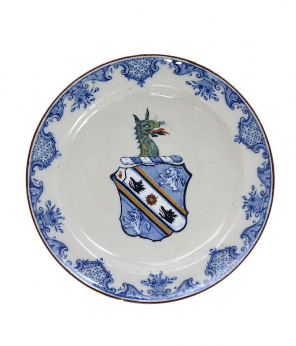 Delftware polychrome armorial plate at Aronson Antiquairs