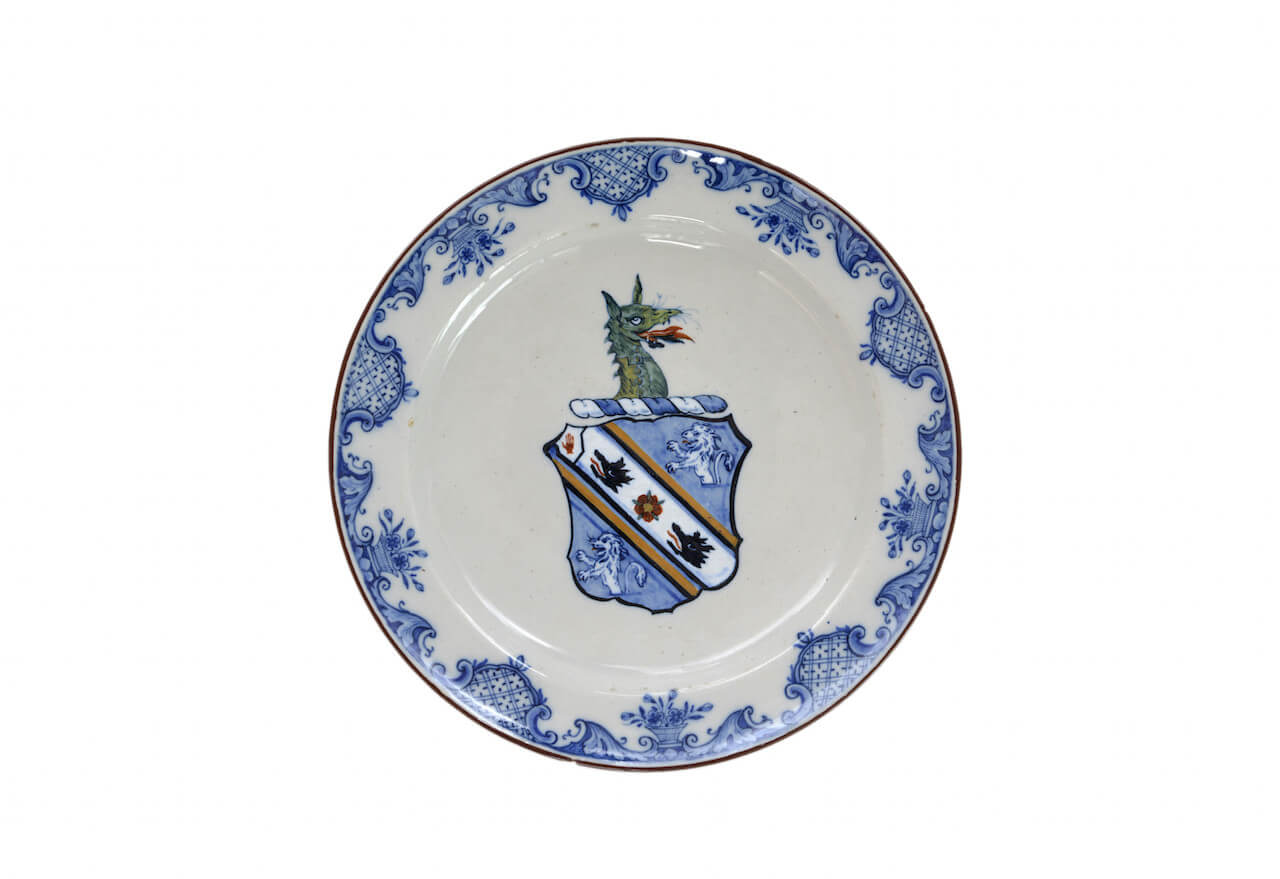 Delftware polychrome armorial plate at Aronson Antiquairs