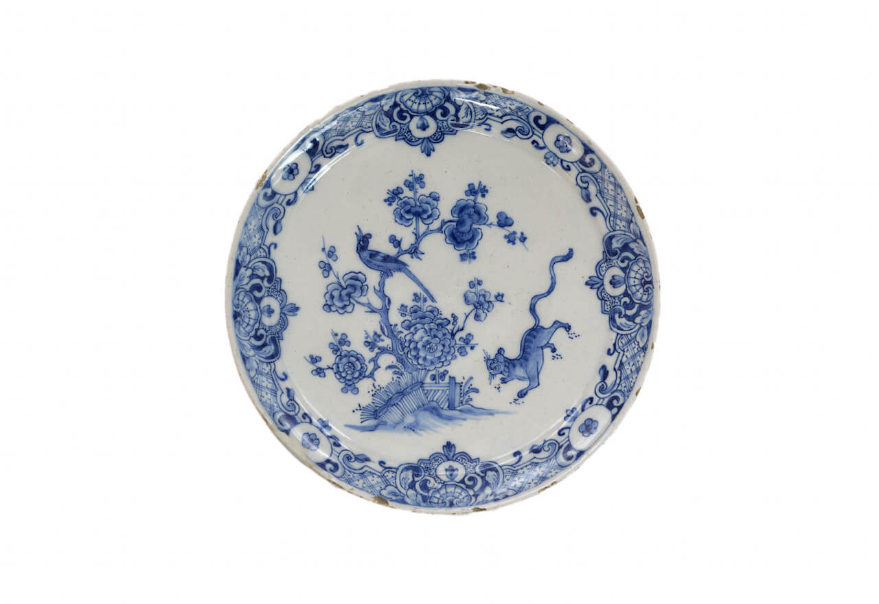 Antique delftware inspired chinoiserie with tiger