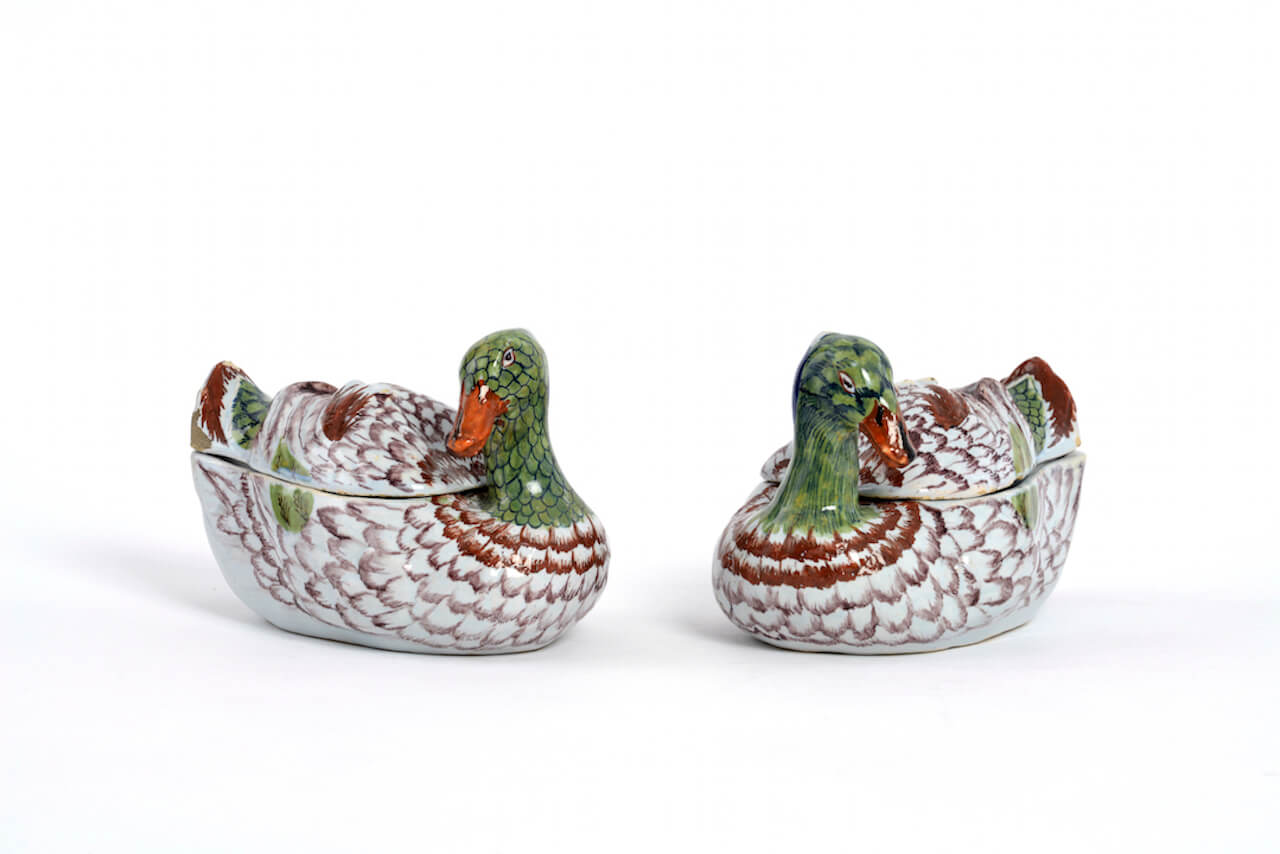 •D1767. Pair of Polychrome Duck Tureens and Covers