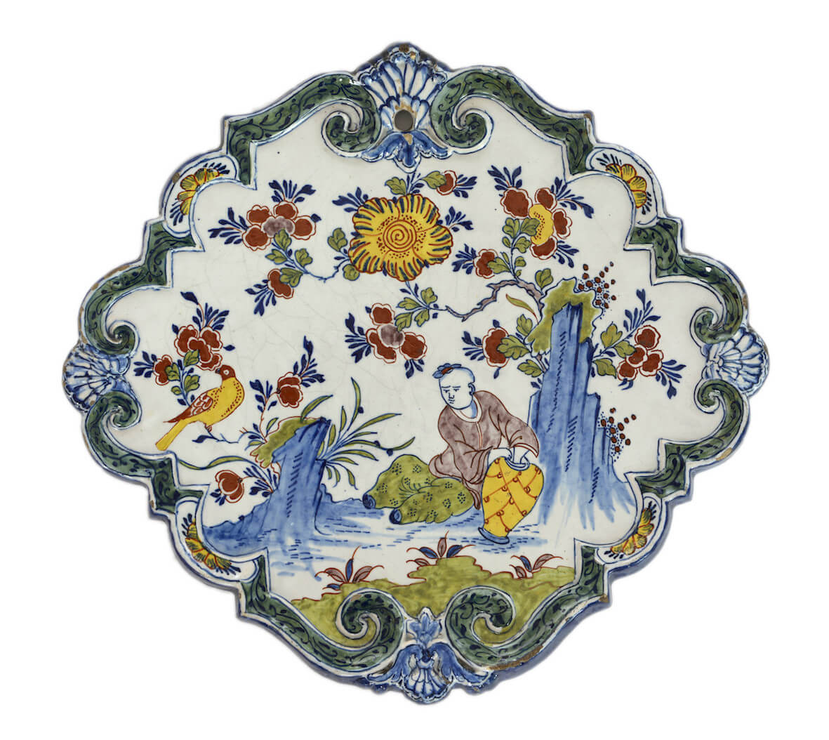 Antique plaque with painted Chinese figures, polychrome
