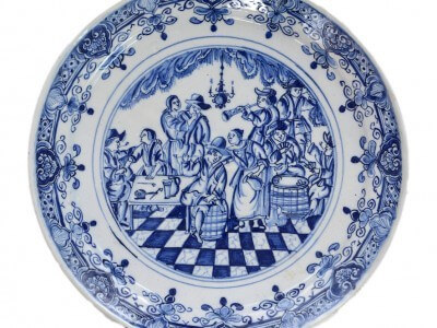 Antique Blue And White Plate Pictured Scene Of Merrymaking In A Tavern