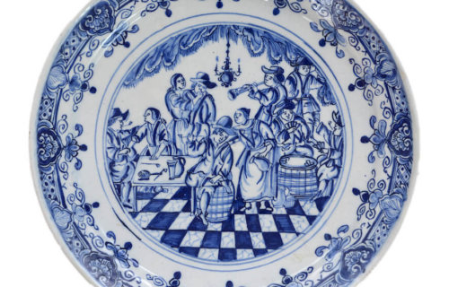 Antique Blue And White Plate Pictured Scene Of Merrymaking In A Tavern