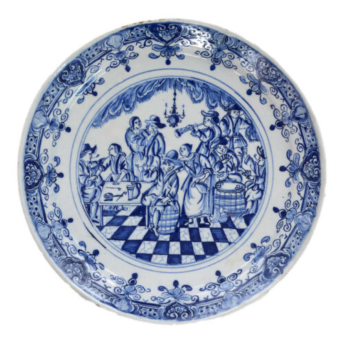 Antique Blue And White Plate Pictured Scene Of Merrymaking In A Tavern