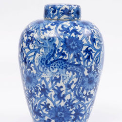 D1214. Blue and White 'Dragon' Pattern Ovoid Jar and Cover delft ware blue and white dragon jar
