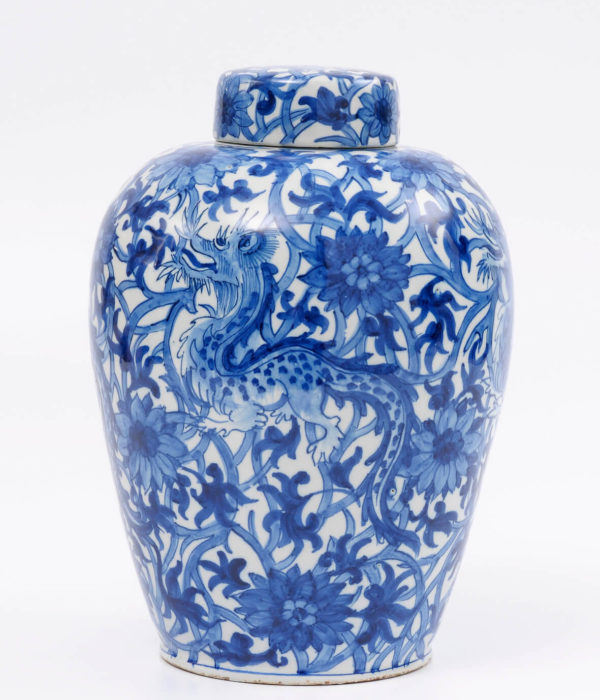 delft ware blue and white dragon jar