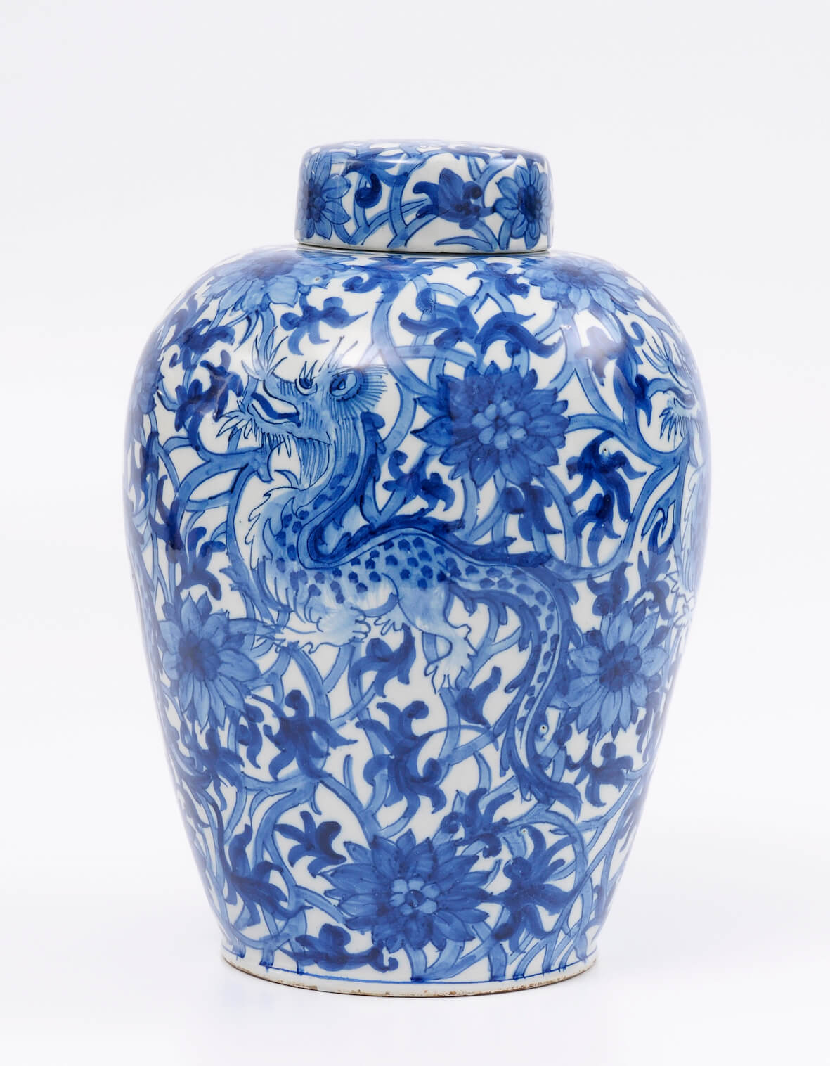 delft ware blue and white dragon jar