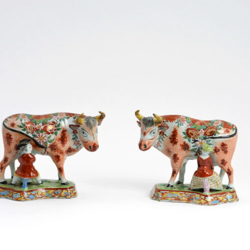 antique petit feu milking cow polychrome