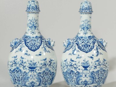 Pair Of Blue And White Large Pilgrim Bottles And Covers Delftware