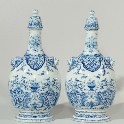 Pair Of Blue And White Large Pilgrim Bottles And Covers Delftware