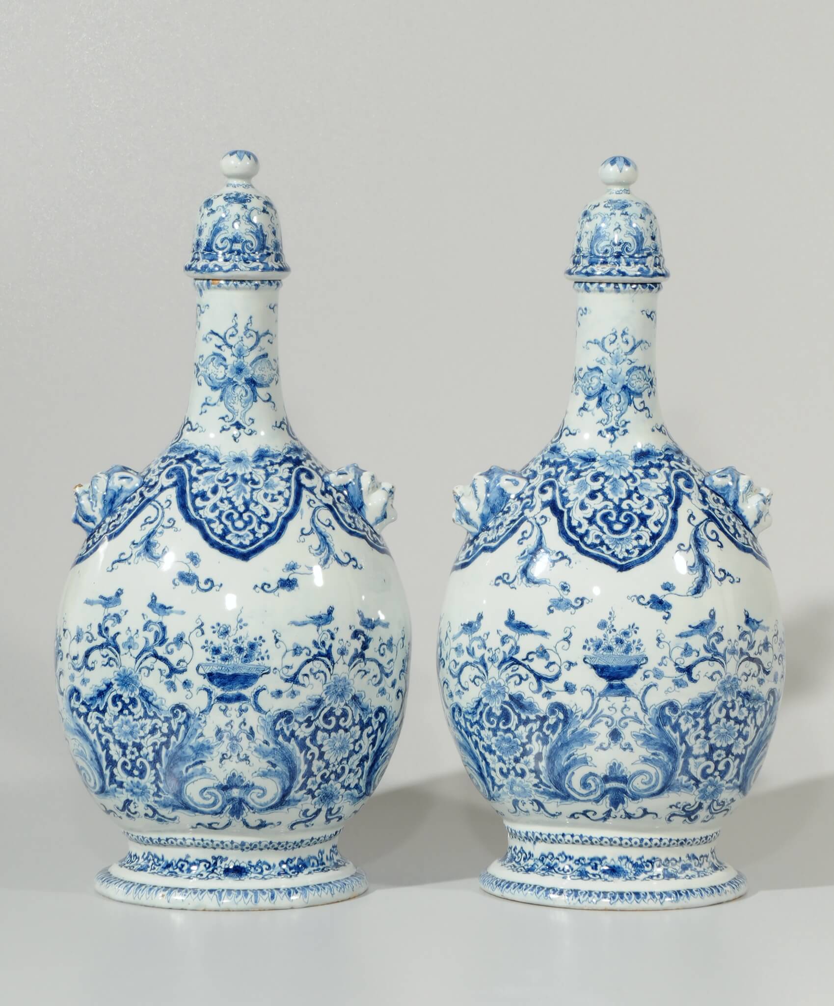 Pair of Blue and White Large Pilgrim Bottles and Covers Delftware