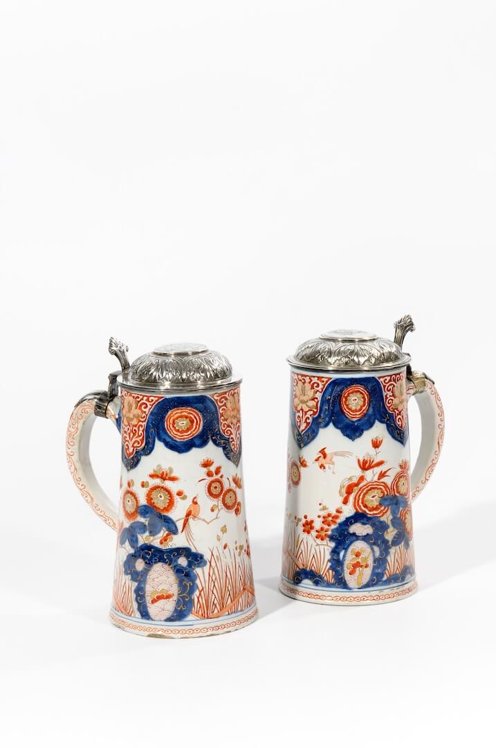 •D1122. Pair of Polychrome and Gilded Imari-Style Large Tankards with Silver Covers