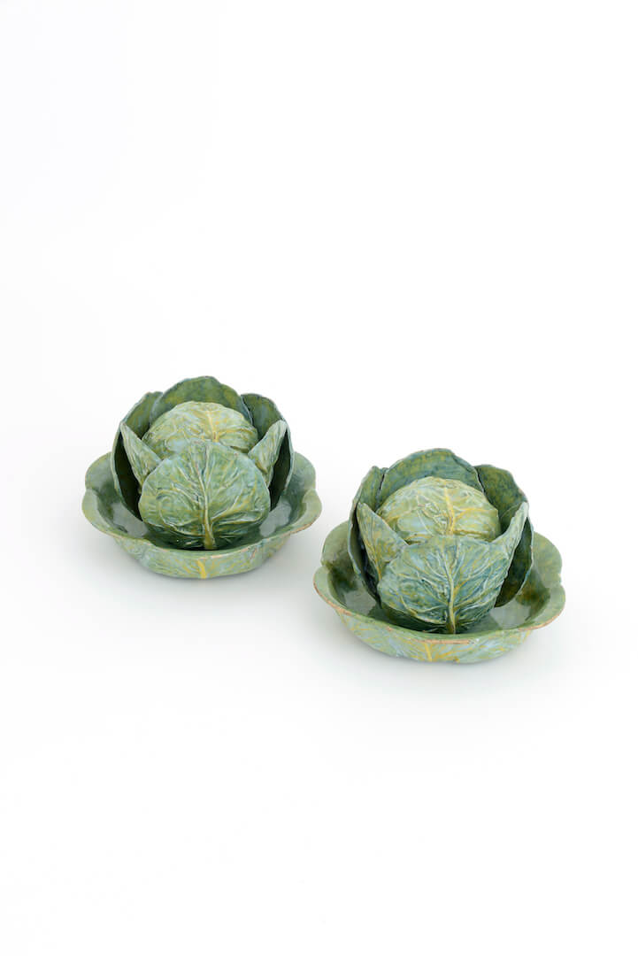 •D1365. Pair of Polychrome Cabbage Tureens, Covers and Stands