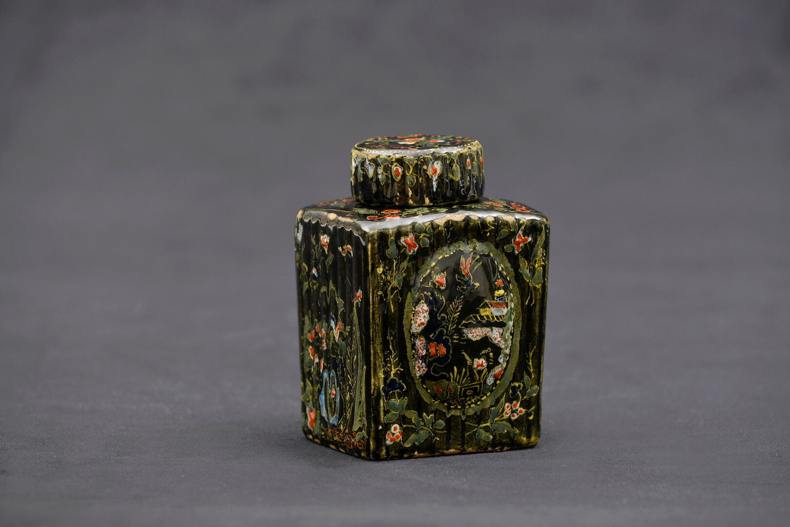 Antique Black Delftware tea canister aronson