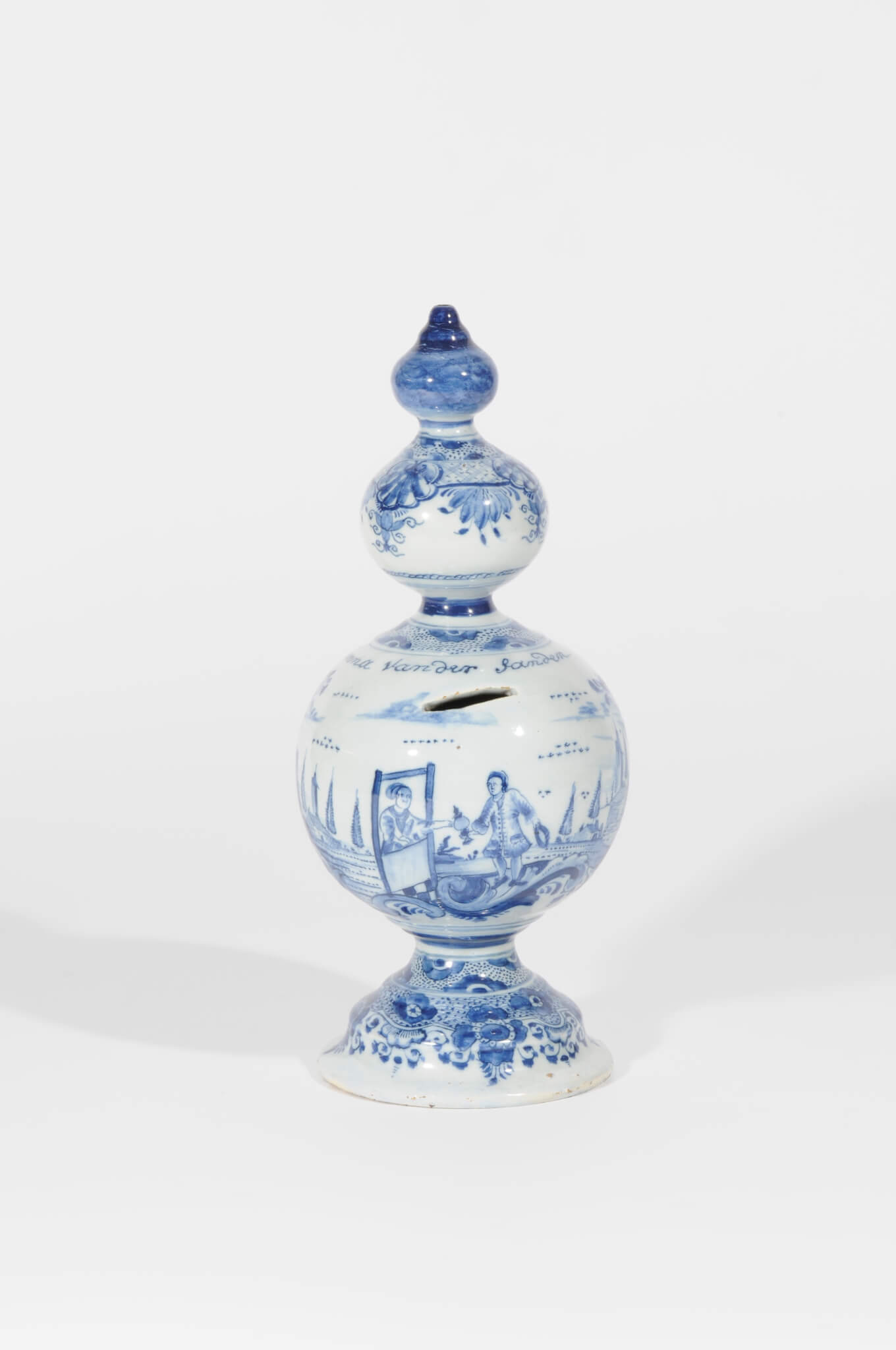 •D1072. Blue and White Triple-Sphere Money Bank Antique Delftware money bank