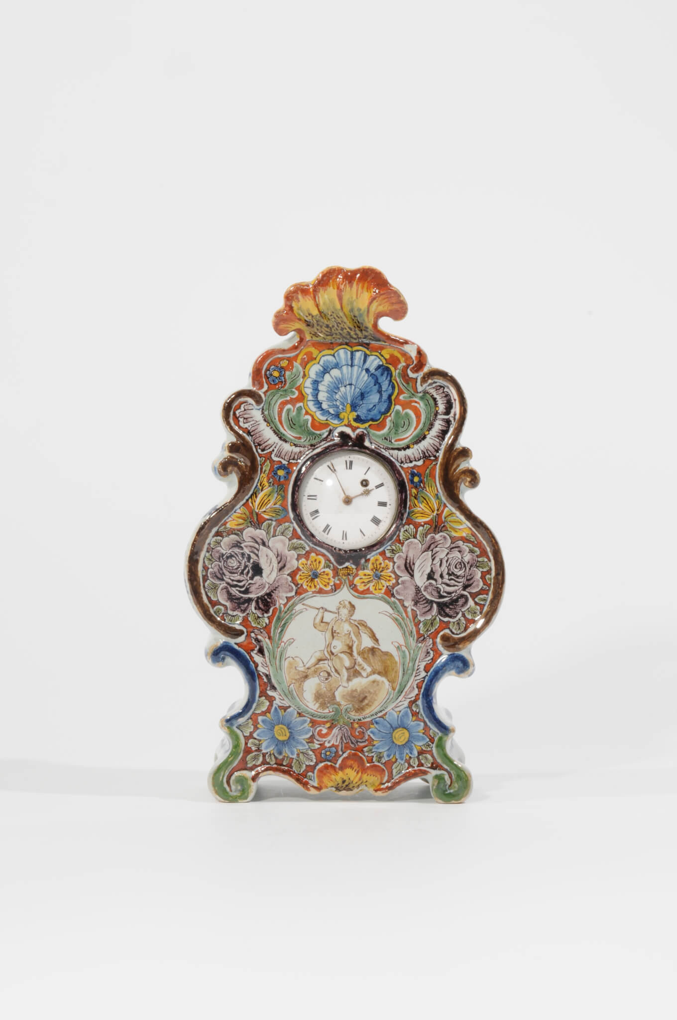 •D1073. Polychrome Rococo Pocket-Watch Stand Antique polychrome Dutch Pottery rococo watch standing