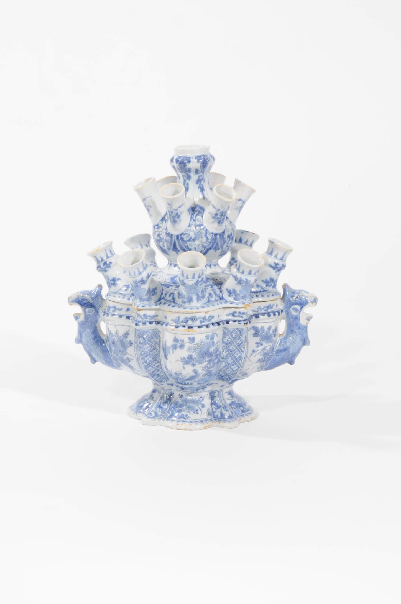 •D1033. Blue and White Flower Bowl and Cover with Spouts Antique Delftware flower bowl
