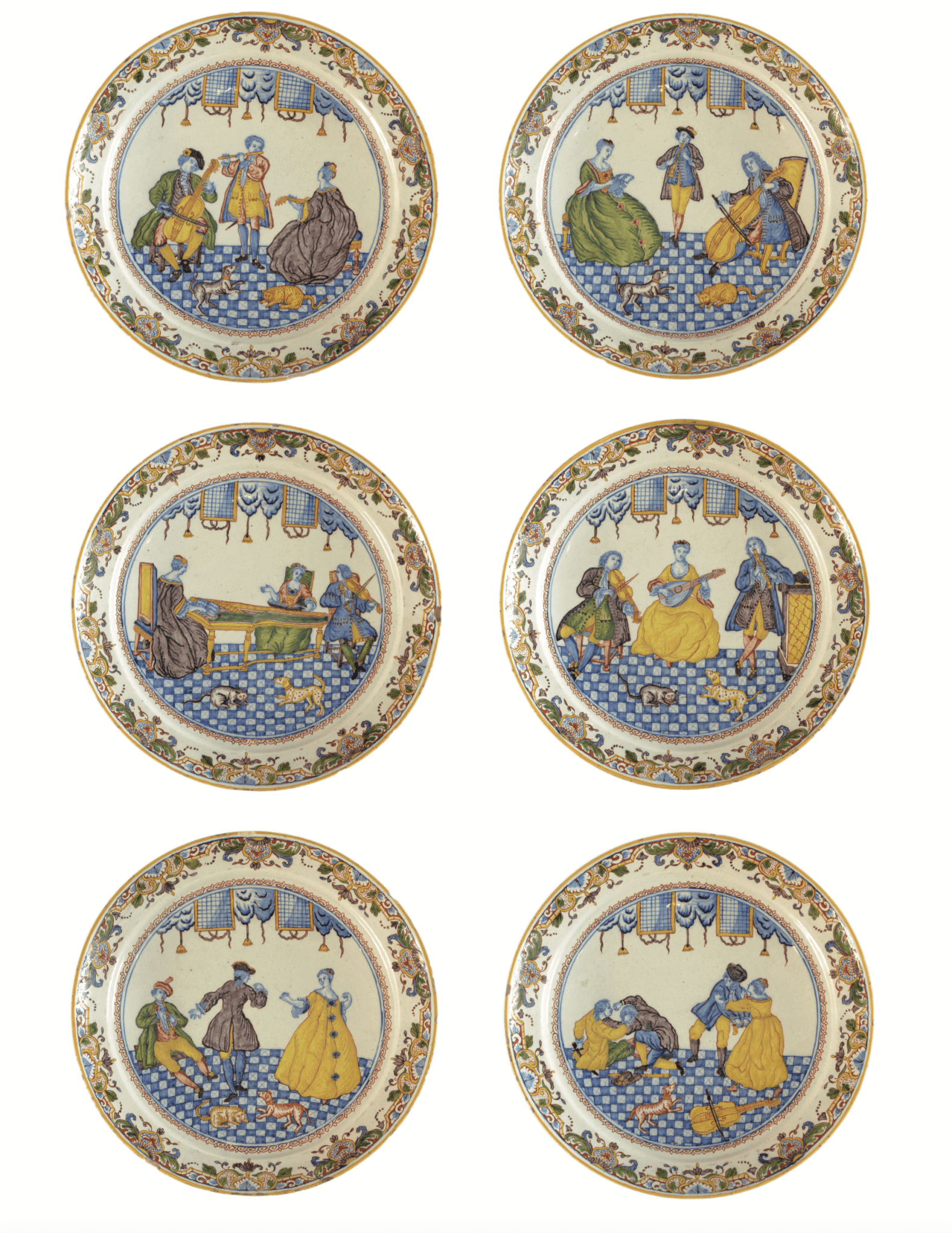 •D1754. Set of Six Polychrome Plates Antique Polychrome plates Aronson Antiquairs