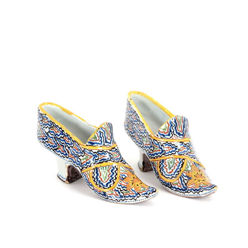 Polychrome Delftware models of shoes