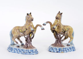 Pair Of Delftware Polychrome Models Of Leaping Horses