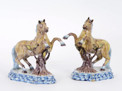 Pair Of Delftware Polychrome Models Of Leaping Horses