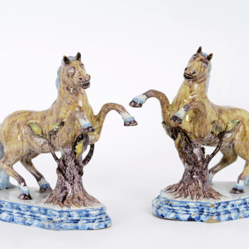 Pair Of Delftware Polychrome Models Of Leaping Horses