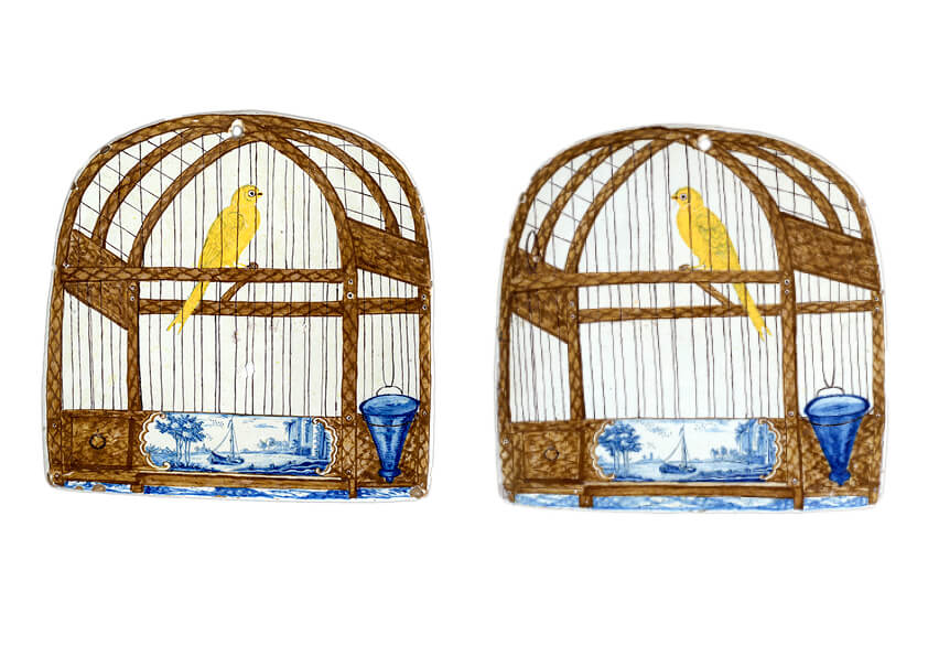 1969. Pair of polychrome birdvcage plaques