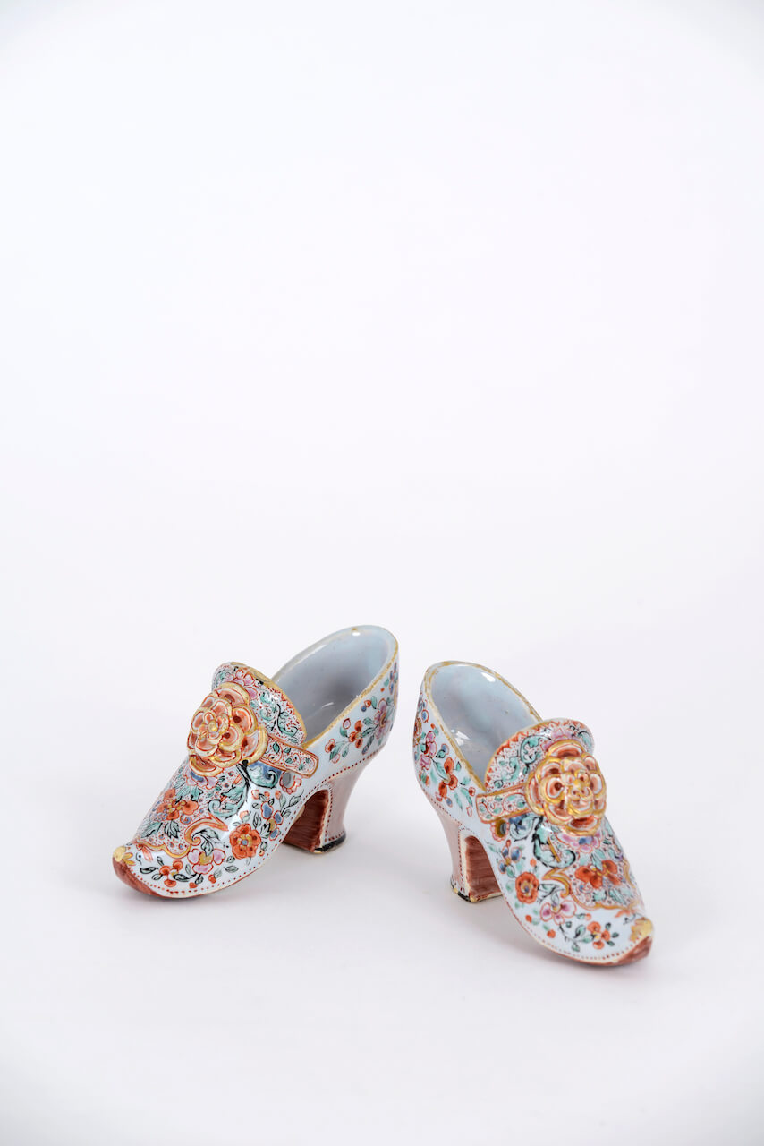 1935. Pair of Polychrome Petit Feu and Gilded Models of Shoes