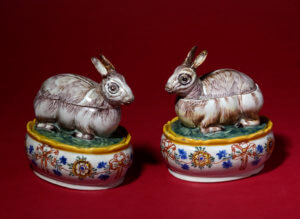 Pair Of Polychrome Crouching Hare Tureens And Covers