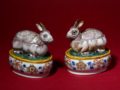 Pair Of Polychrome Crouching Hare Tureens And Covers