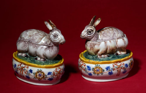 Pair Of Polychrome Crouching Hare Tureens And Covers