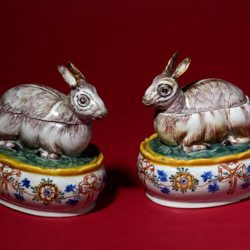 Pair Of Polychrome Crouching Hare Tureens And Covers