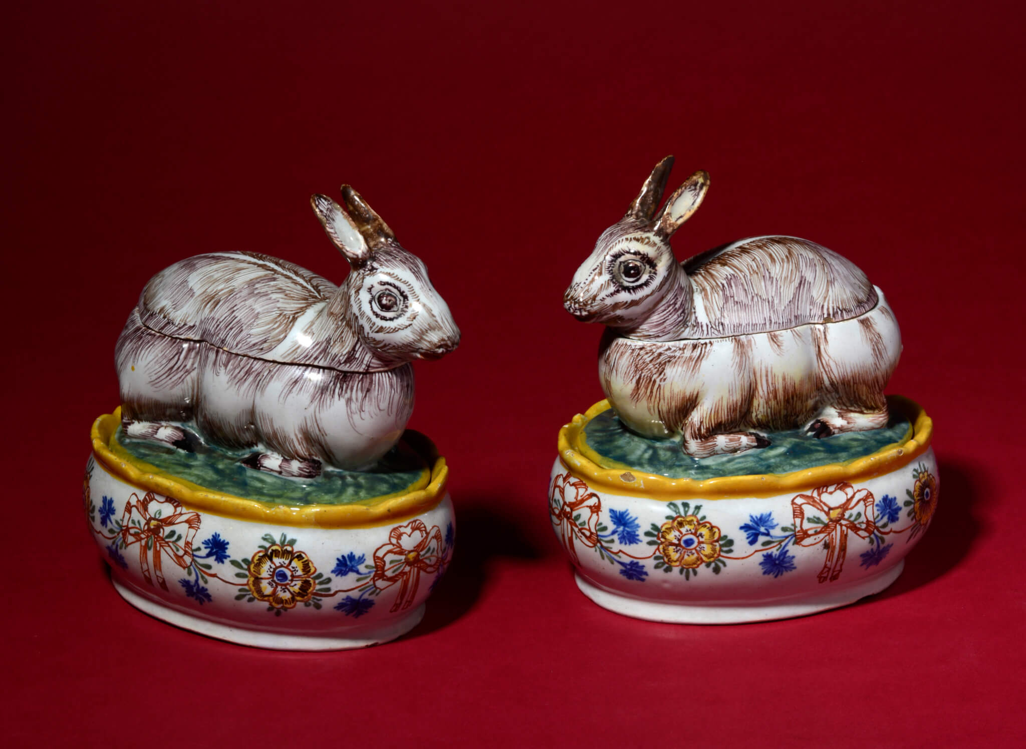 Pair of Polychrome Crouching Hare Tureens and Covers