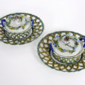 •D1947. Pair Of Polychrome Butter Tubs, Floral Covers And Stands