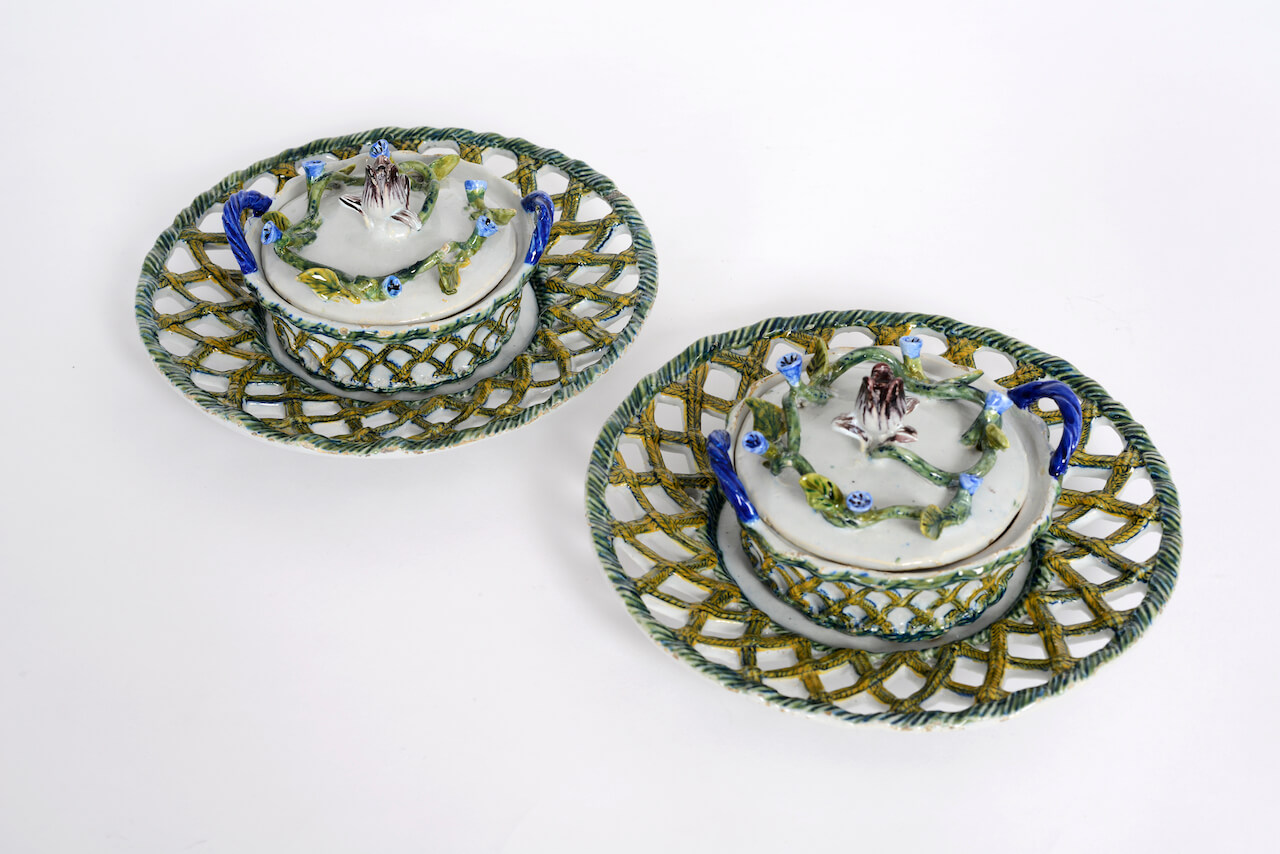 1947. Pair of Polychrome Butter Tubs, Floral Covers and Stands