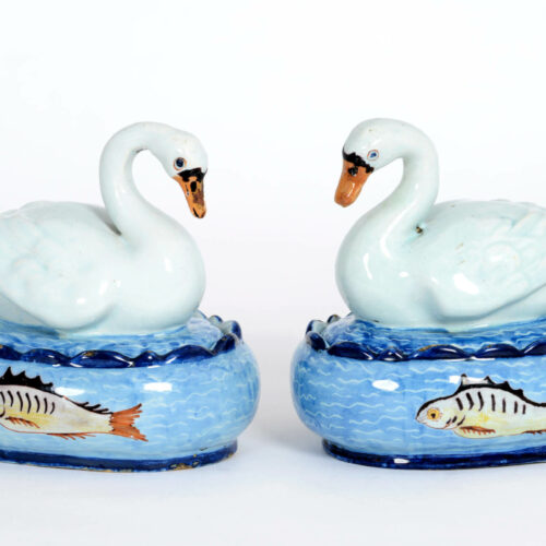 Pair of polychrome swan tureens and covers