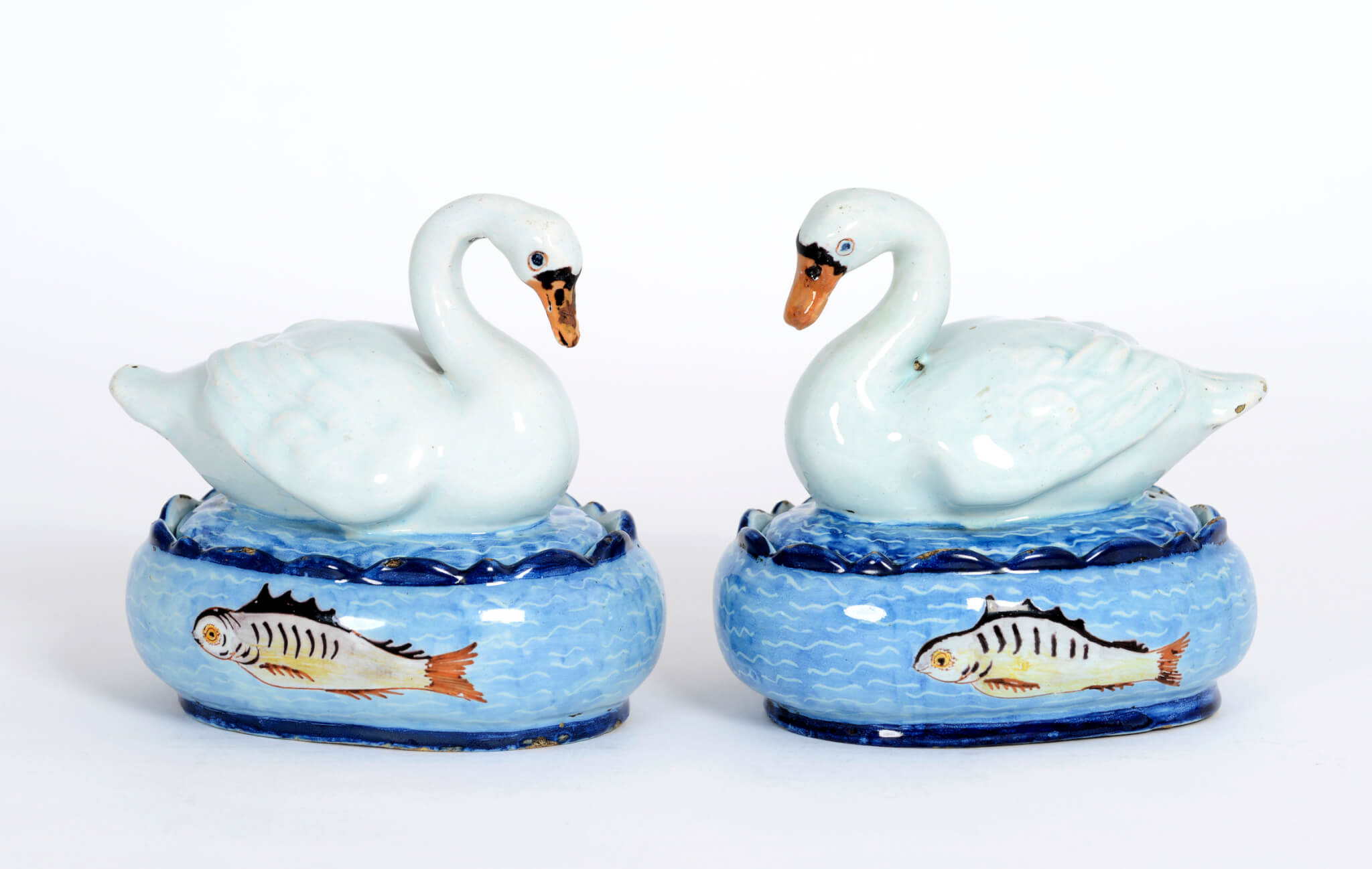 Pair of polychrome swan tureens and covers