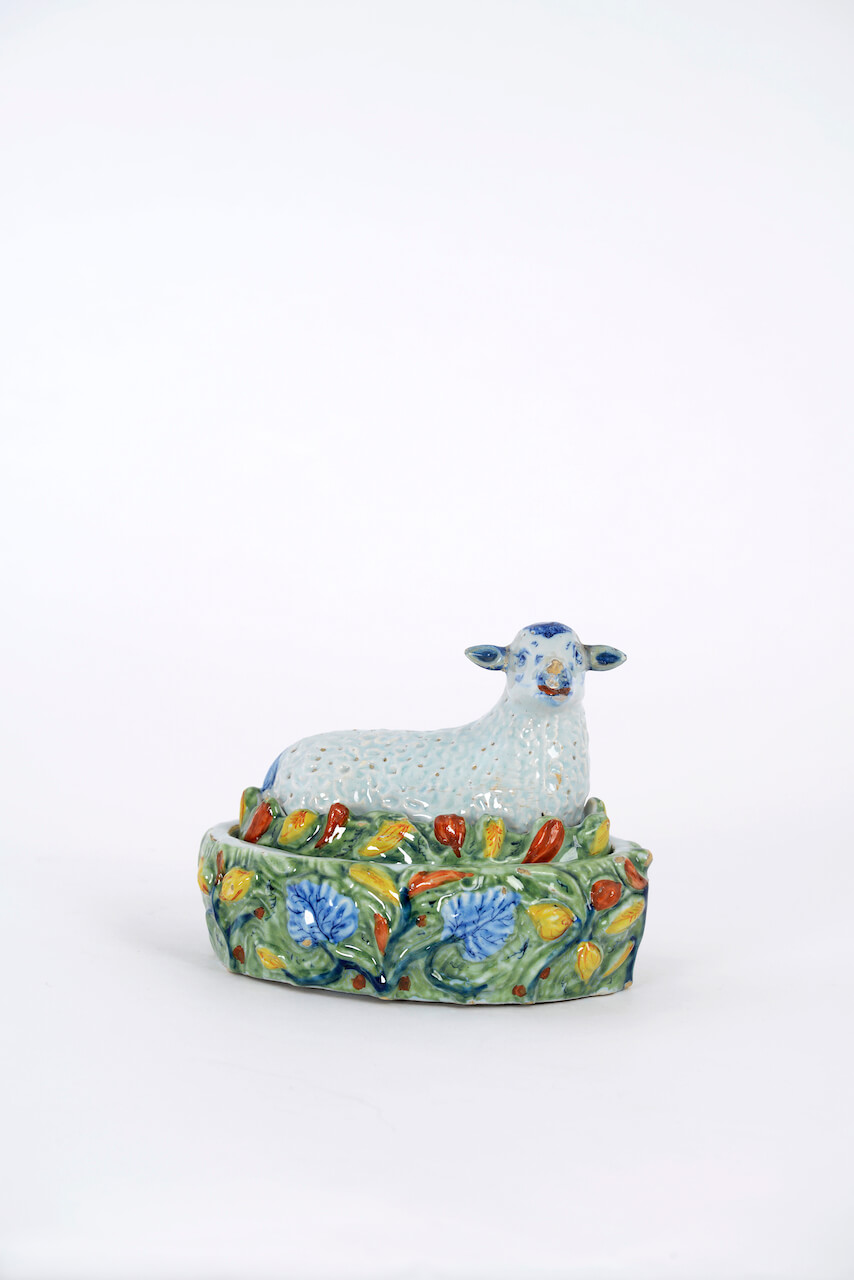 1956. Polychrome Sheep Tureen and Cover Polychrome Delftware tureen sheep