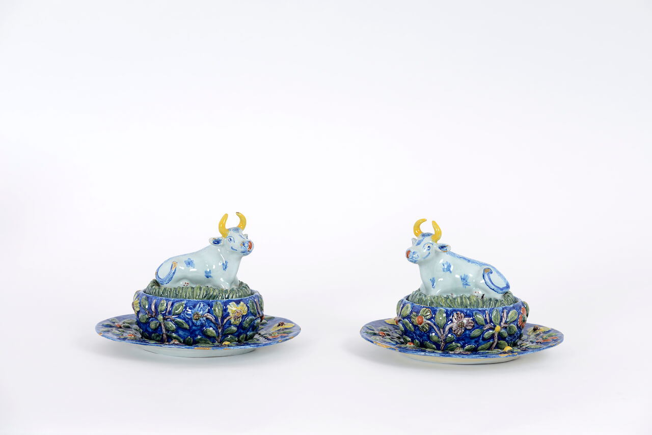 1961. Pair of Polychrome Recumbent Cow Tureens, Covers and Saucers