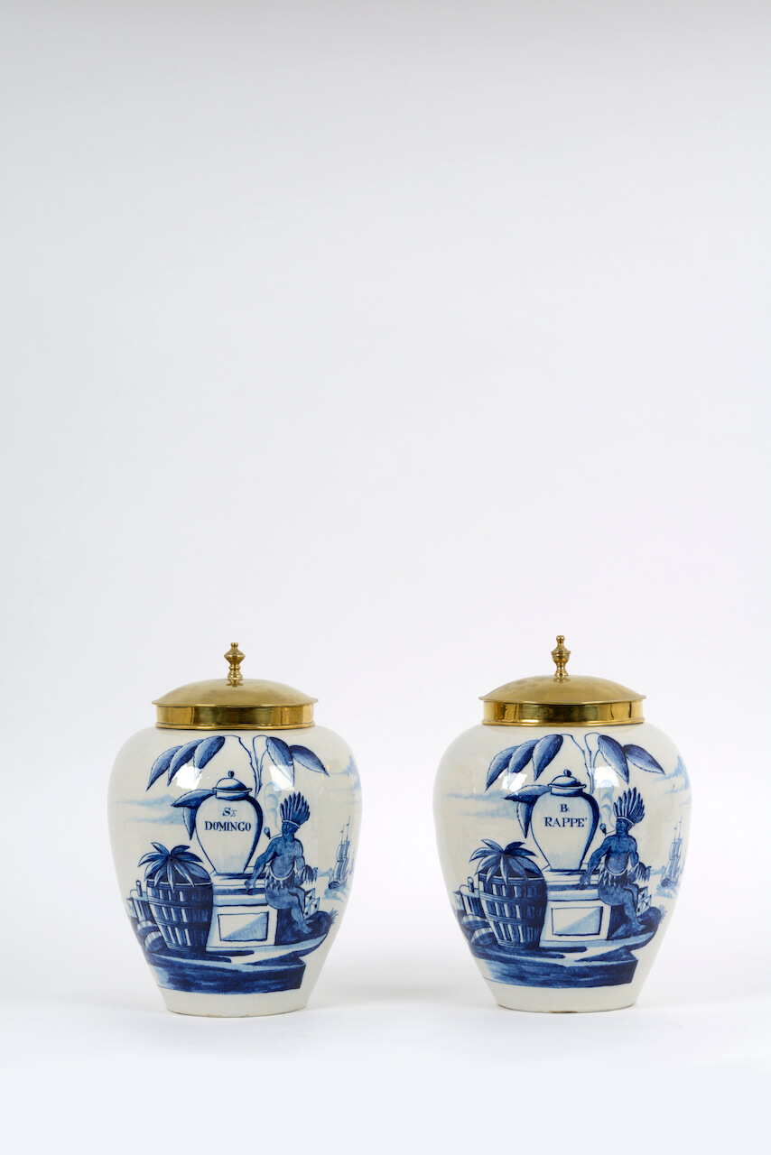 1978. Pair of Blue and White Tobacco Jars with Brass Covers