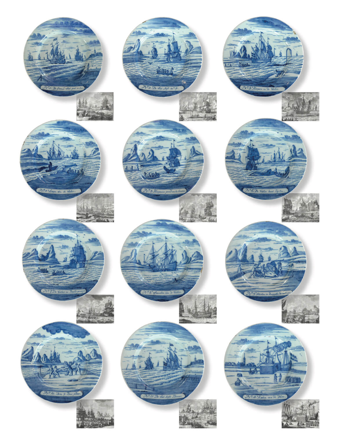 1974. Set of Twelve Blue and White Whaling Plates