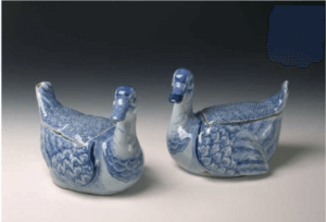 pair of blue and white duck-form boxes, De Roos Factory