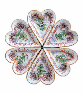 D1922. Set Of Six Polychrome And Gilded Petit Feu Heart-Shaped Sweetmeat Dishes