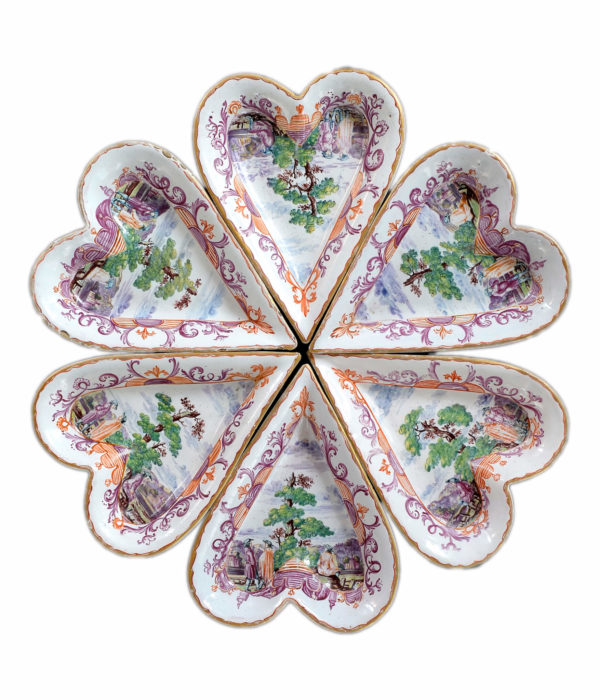 Set of Six Polychrome and Gilded Petit Feu Heart-Shaped Sweetmeat Dishes