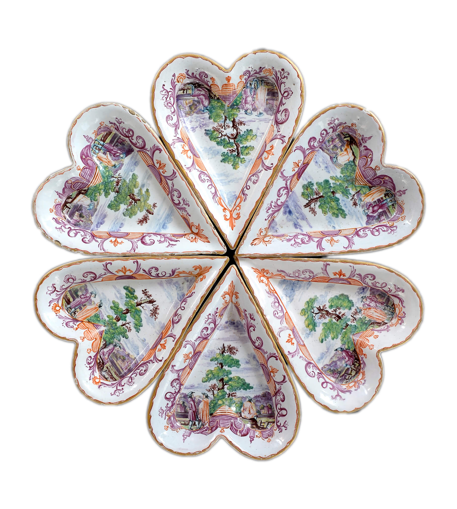 Set of Six Polychrome and Gilded Petit Feu Heart-Shaped Sweetmeat Dishes