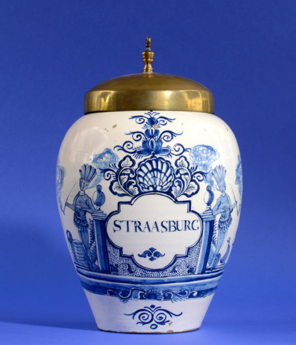 D1897. Blue and White Large Tobacco Jar with Brass Cover